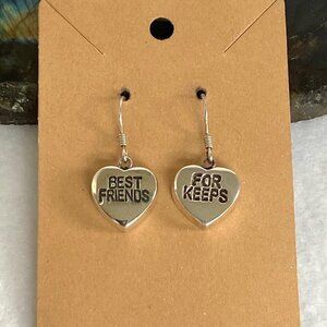 Sterling Silver 925 Best Friends For Keeps Puffy Hollow Heart Dangle Earrings